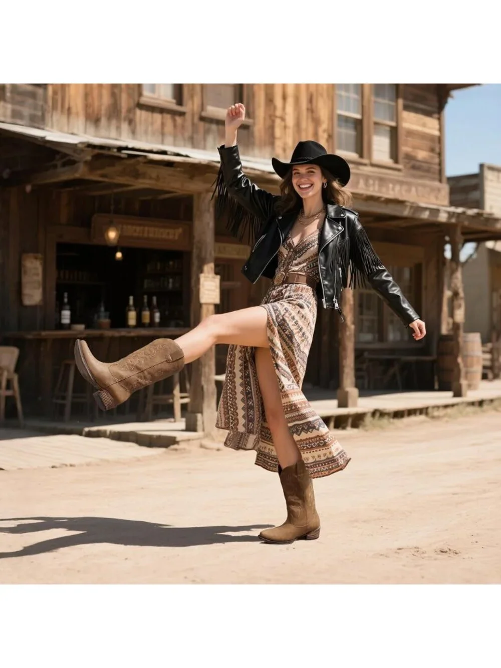 Women Tan Rubber Calf High Western Pointed Toe Cowgirl Chunky Heel Boots